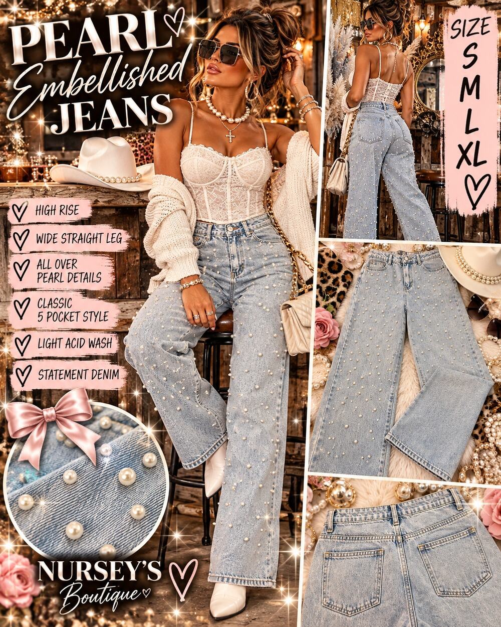 Pearl Embellished Jeans S Light Acid Wash High Rise Wide Straight Leg Y2K